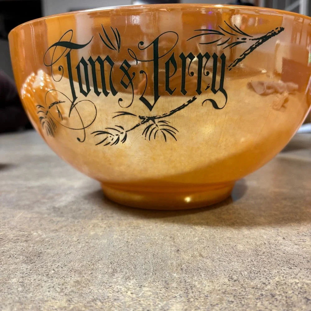 VTG Fire King Tom & Jerry Punch Bowl Set Peach Luster Glass 10 Mugs 1950s MCM‎
